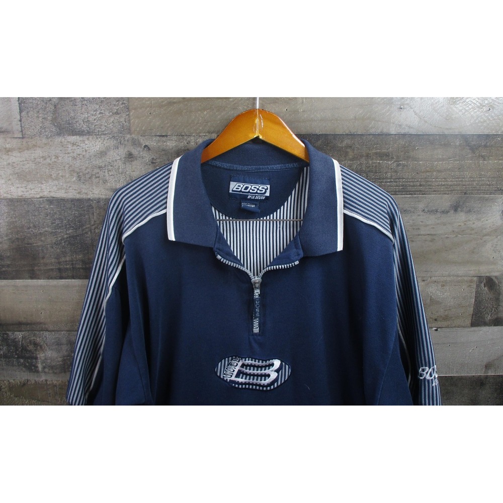 Vintage BOSS IG Design Shirt Mens XL Striped Pullover Embroidered Polo Korea 90s